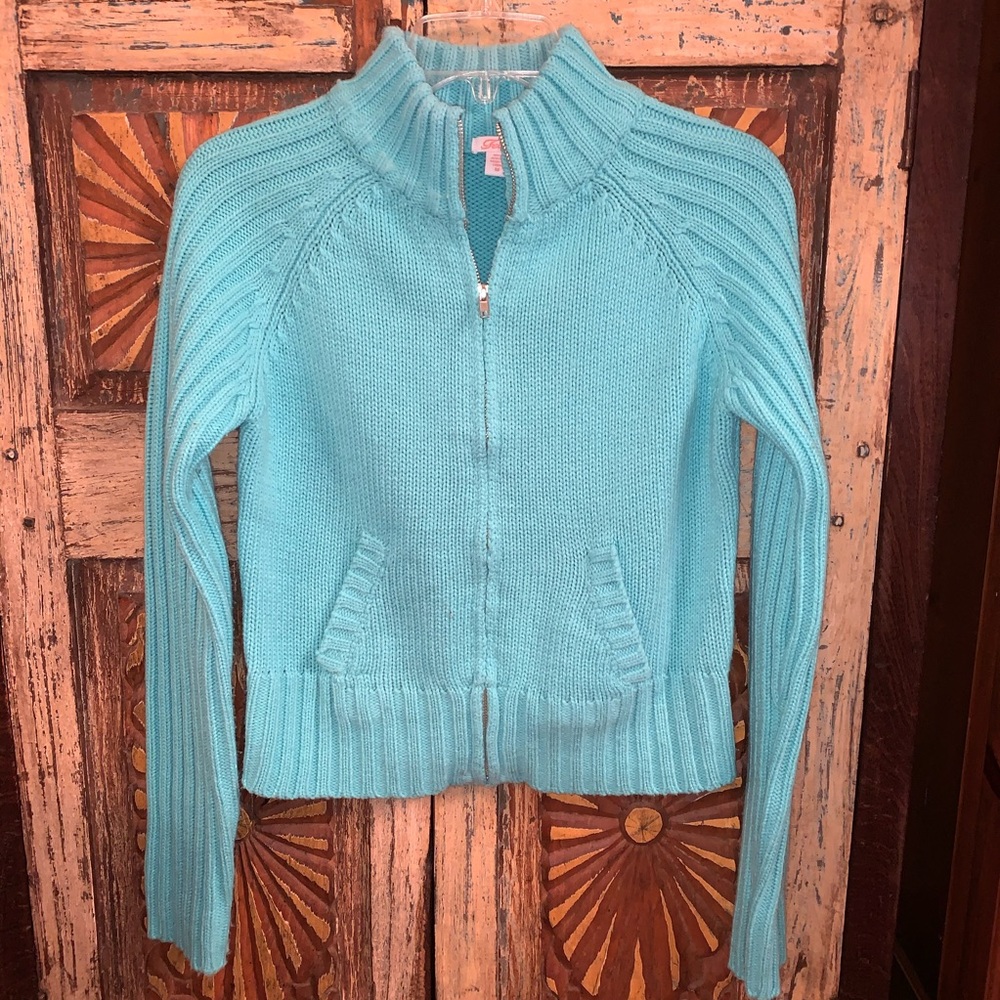 Sweater Turquoise zip-up ribbed sweater size medium